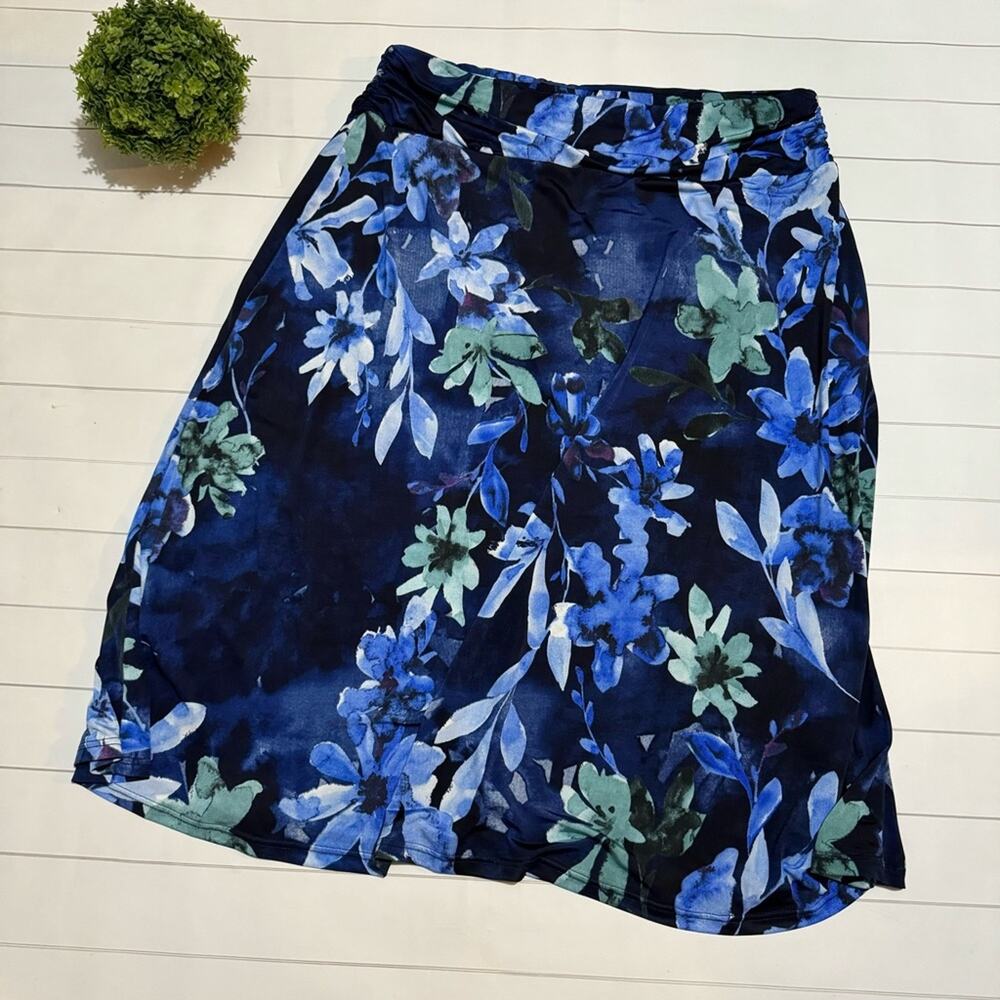 Leebe‎ Blue Floral Long Modest Stretch Slinky Midi Skirt Women’s Size Large